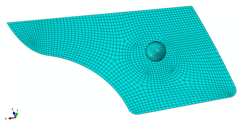 FE model perspective of the panel and the sphere.