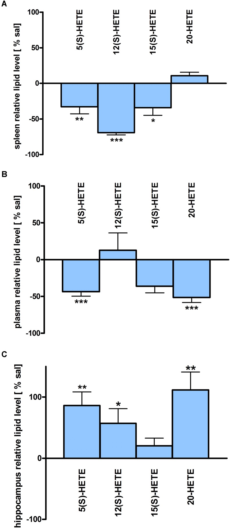 HETE lipid levels in brain and periphery after PEA treatment: relative HETE concentrations (normalized to ml plasma/tissue weight) after PEA treatment as percentage of saline treated mice are shown and presented as mean value ± SEM. (A) Spleen: HETE alterations with sub-chronic PEA treatment and unchanged HETE levels in spleen. Only significant reductions of HETE levels can be found in spleen. (B) Plasma HETE alterations with sub-chronic PEA treatment and unchanged HETE levels in plasma. Only significant reductions of HETE levels can be found in plasma. (C) Hippocampus: HETE alterations with sub chronic PEA treatment and unchanged HETE levels in hippocampus. Only significant increments of HETE levels can be found in hippocampus. Data were considered significant at a p-value < 0.05, e.g., ∗∗∗p < 0.001, ∗∗p = 0.001 to 0.01; ∗p = 0.01 to 0.05.
