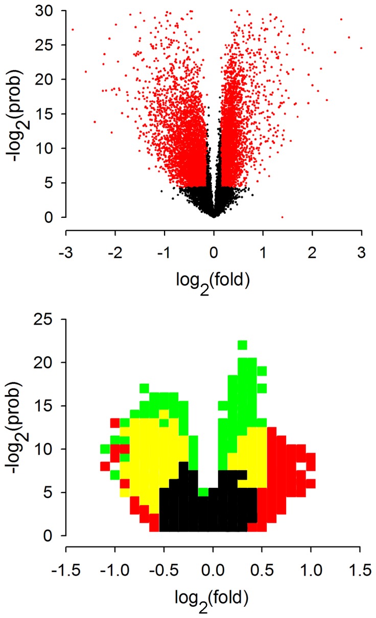 Volcano plots of the transcriptional responses to GDF11.Volcano plots are scatter plots of the log2 fold change against the negative log2 probability calculated by Student’s t-test. The points in red correspond to those probe sets passing the p<0.05 significance and 10% fold change thresholds. GDF11 treatment clearly elicits a substantial response that is skewed towards a downregulation of transcript levels (top). The relative transcriptional response to GDF11 can be compared to the other canonical pathways by superimposing the volcano plots (bottom). Here, pixels (δlog2(prob) = 1, δlog2(fold) = 0.1) are coloured if they contain more than 10 points. The ‘density plot’ illustrates the similar magnitude of GDF11 treatment (green/yellow) and EGF receptor inhibition (red,yellow), which both dominate the FGF receptor inhibition response (black).