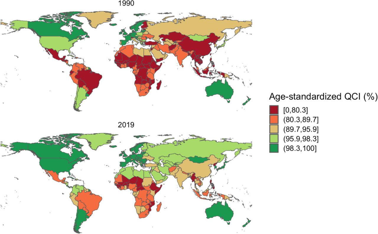 Geographical distribution of QCIs* (%) for lip and oral cavity cancer. A: Global distribution of age-standardized QCI in men and women in 1990, B: Global distribution of age-standardized QCI in men and women in 2019.QCI: Quality of care index.