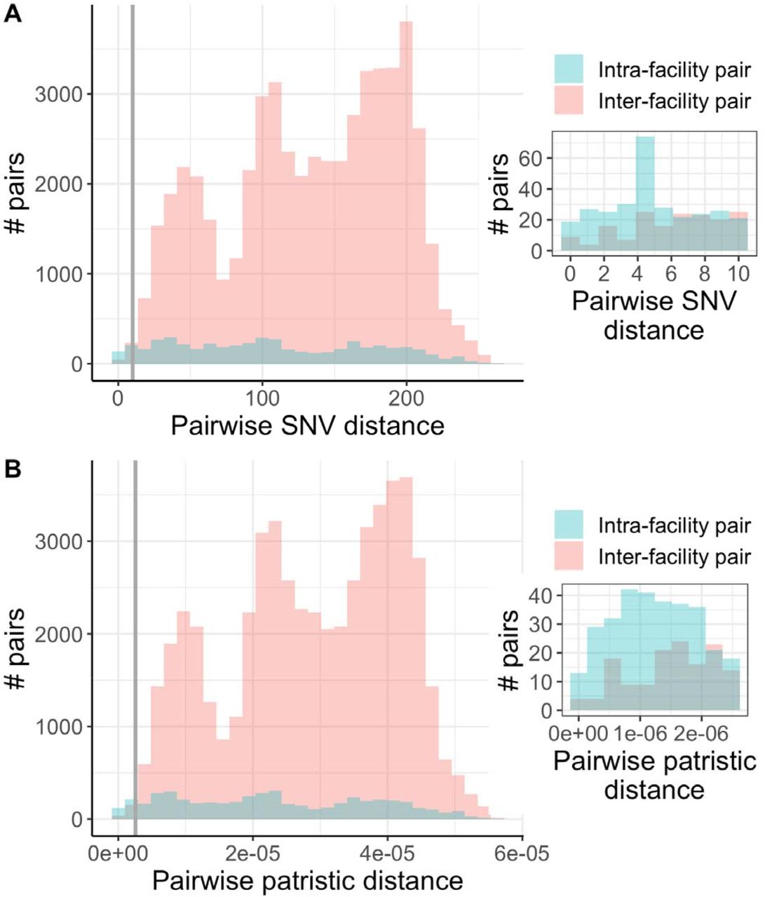Pairwise genetic distances between facilities suggest recent intra- and inter-facility transmission.(A) Pairwise single nucleotide variant distances. Grey line is at a pairwise SNV distance of 10, and the inset shows all pairs with a pairwise SNV distance less than or equal to this threshold, which we consider indicative of recent transmission. See Q0 on genetic distance thresholds in the main text for more details on how we chose these thresholds.. (B) Pairwise patristic distances. Grey line is at a pairwise patristic distance of 2.56e-6 mutations per site per year, and the inset shows all pairs with a pairwise patristic distance less than or equal to this threshold. These plots indicate that transmission is likely occurring both within and between facilities, due to small pairwise genetic distances for both intra- and inter-facility pairs. Data generated using the get_pair_types() function.