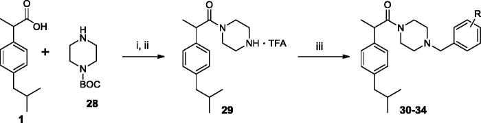 Synthesis of Ibuprofen amides 30–34. (i) EDC, OH-Bt, MeCN, r.t. 12 h, (ii) TFA, CH2Cl2, r.t., 24 h.; (iii) NaBHAc3, NaHCO3, ArCHO, r.t., 24 h.