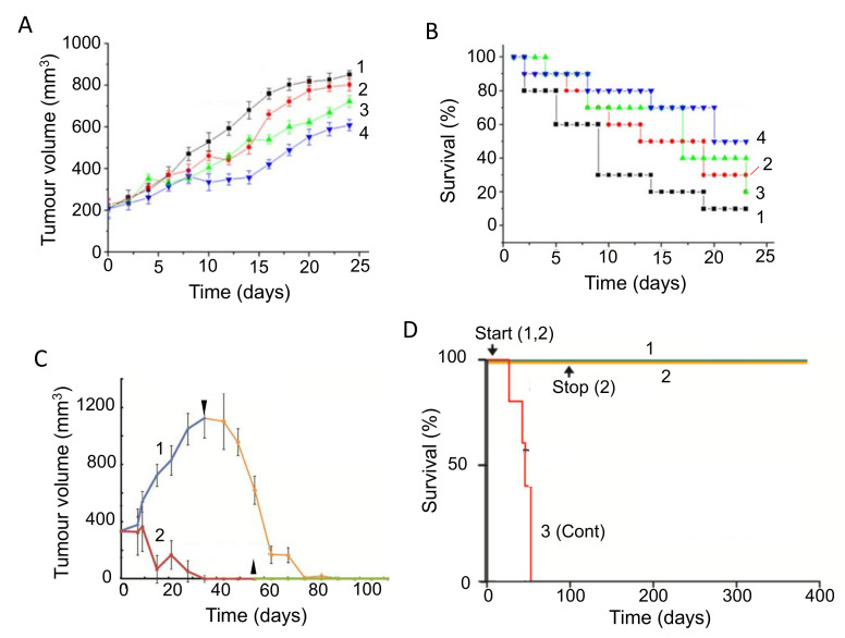 Effects of combining chemotherapy with a nutraceutical agent: Triptolide. (A) Time course of tumorigenesis in xenografts of pancreatic cancer, treated with gemcitabine (2), and two different triptolide analogues, TP-PM (3), AS-PPT (4). Control data are shown in (1). Compared with gemcitabine, the effects of TP-PM and AS-PPT were significant (p < 0.05 and p < 0.01, respectively). (B) Survival rate data from the experiments in A. Compared with gemcitabine, the effect of AS-PPT was highly significant (p < 0.01). (A,B) modified from Wang et al. [267]. (C). Time course of tumorigenesis (tumor volume) in subcutaneously implanted patient-derived xenografts of pancreatic cancer, treated with minnelide. Application of minnelide (downward-pointing arrow) reversed the tumorigenesis (curve 1). In the other experiment (curve 2), application of minnelide at the same time as the tumor induction prevented tumorigenesis, and this was maintained even after minnelide was removed (upward-pointing arrow). (D) Survival data (expressed as a percentage of total) determined in an orthotopic xenograft mouse model of pancreatic cancer. Survival was 100% in animals with both maintained application of minnelide (1) and removal some 100 days afterwards (2). In contrast, under untreated control conditions (3, Cont), survival was reduced to 0% by day 50. In experiments 1 and 2, minnelide application started at the same time as the induction of the tumor. (C,D) modified from Banerjee and Saluja [271].