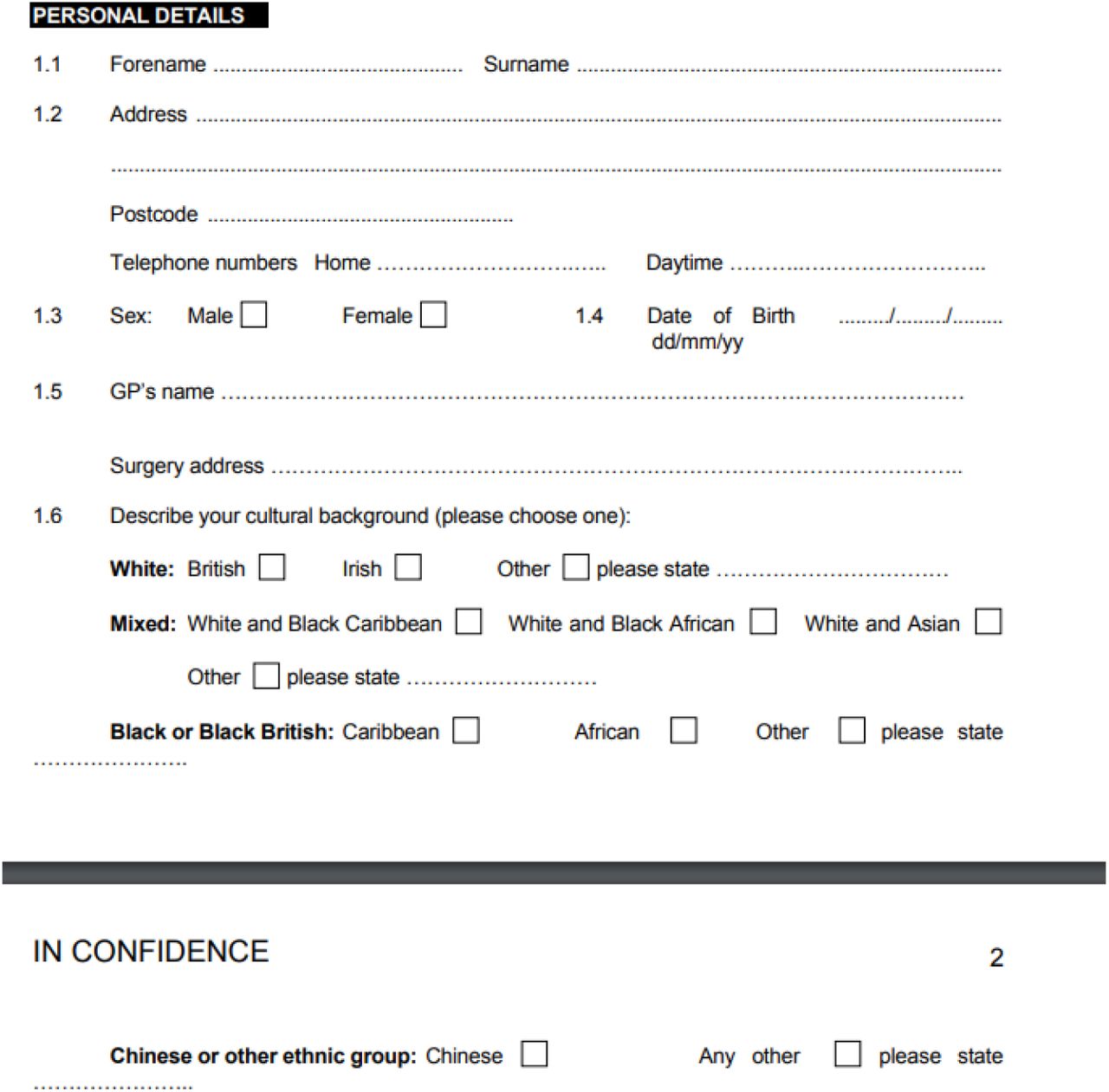UKHSA Standard Gastrointestinal Disease Questionnaire (2004) extract containing categories for ethnicity and travel history data collection