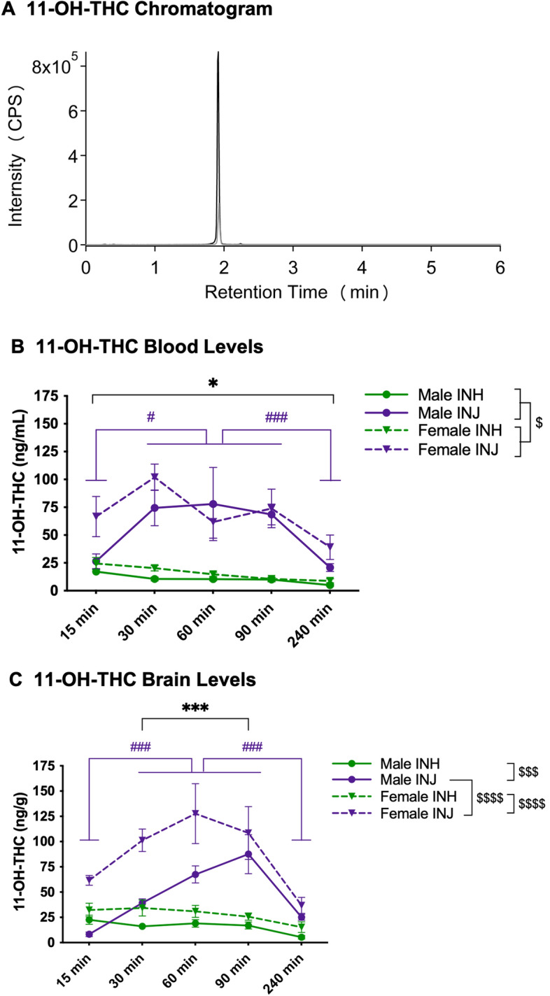 11-OH-THC chromatogram and levels in blood and brain. (A) LC-MS Chromatogram: 11-OH-THC (black line) and 11-OH-THC-d3 (grey line) peaks at 2.0 min. (B) Blood levels: data are presented as mean ± SEM; n = 5–6 for each group. Presence of (*) indicates an administration difference with INH < INJ at all timepoints at *p < 0.05. Presence of (#) indicates a timepoint difference with purple lines indicating an INJ difference where INJ-15 < INJ-30, 60, and 90 at #p < 0.05 and INJ-240 < INJ-30, 60, and 90 at ###p < 0.001. Presence of ($) indicates a sex difference; specifically, females > males at $p < 0.05. (C) Brain levels: data are presented as mean ± SEM; n = 5–6 for each group. Presence of (*) indicates an administration difference with INH < INJ at 30, 60, and 90-min at ***p < 0.001. Presence of (#) indicates a timepoint difference with purple lines indicating an INJ difference where INJ-15 and 240 < INJ-30, 60, and 90 at ###p < 0.001. Presence of ($) indicates a sex difference; specifically, male-INH < male-INJ at $$$p < 0.001, female-INH < female-INJ at $$$$p < 0.0001, and male-INJ < female-INJ at $$$$p < 0.0001.