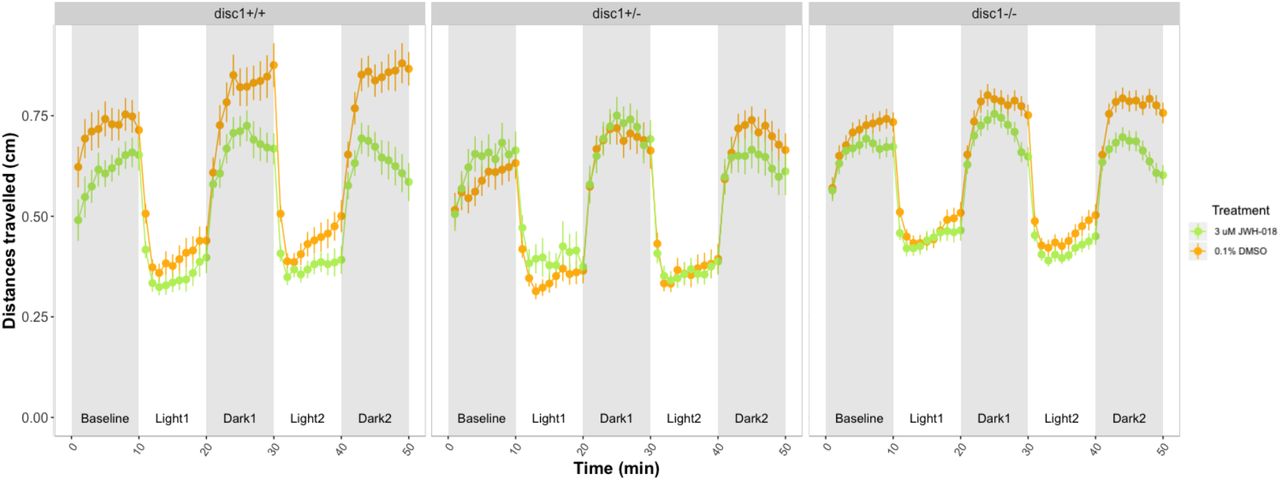 Forced light/dark test in five dpf wild type and disc1 loss-function mutant larvae. Sample sizes for each group: control disc1 +/+: n=30, JWH-018 disc1 +/+: n=34, control disc1 +/-: n=33, JWH-018 disc1 +/-: n=27, control disc1 -/-: n=107, JWH-018 disc1 -/-: n=92. Each dot represents mean distance travelled per minute. Error bars represent ±SEM.