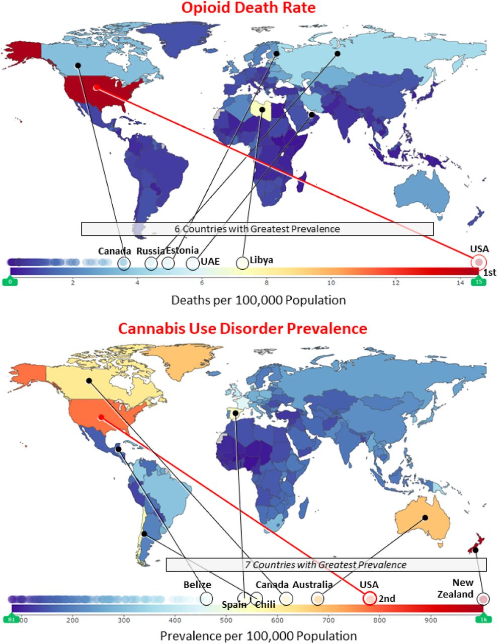 World Ranking (of 195 Countries and Territories) of Opioid Death Rate (upper panel) and Cannabis Use Disorder (lower panel), 2017. Data Source: Institute for Heath Metrics and Evaluation2