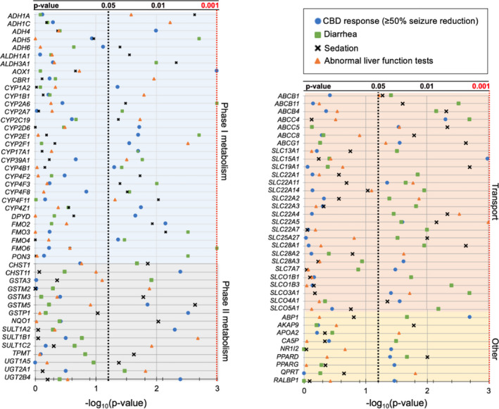 Genes associated with CBD response (≥ 50% seizure reduction) and adverse effects based on permutation P values < 0.05. For each gene, the variant with the smallest P value was used for each outcome. CBD, cannabidiol. [Colour figure can be viewed at wileyonlinelibrary.com]
