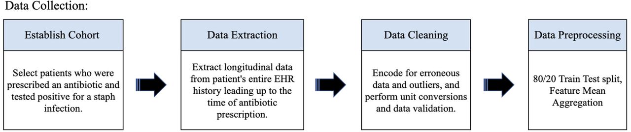 Data Collection Overview: Raw Data is taken from the MIMIC-III database. A cohort consisting of adult patients who tested positive for a staph-related infection and were prescribed an antibiotic was selected. Longitudinal data were then extracted from their entire electronic health record, and then cleaned and pre-processed for model training and testing.