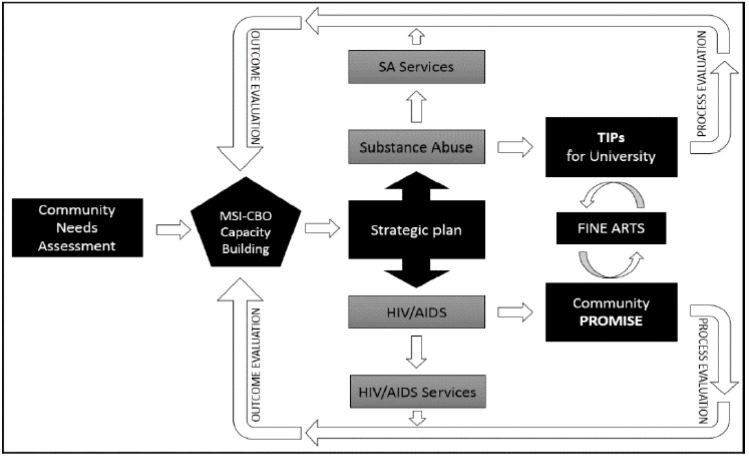 The Get Students Mobilized and Retooled to Transform (SMART) prevention framework. HIV/AIDS: Human Immunodeficiency Virus/Acquired Immune Deficiency Syndrome; MSI-CBO: Minority-Serving Institution-Community Based Organization; PROMISE: Peers Reaching Out and Modeling Intervention Strategies; SA Services: Substance Abuse Services; TIPs: Training Interventions Procedures.