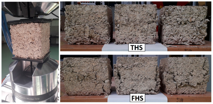 The compressive strength test set-up and the forms of destruction of composite specimens from THS and FHS mixtures.