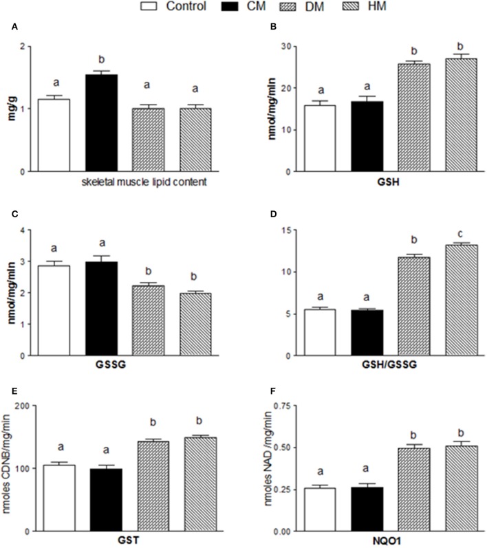 Effects of oral administration of human, donkey, and cow milk on lipid content and antioxidant/detoxifying defenses in skeletal muscle. The graphs show the total lipid content of skeletal muscle (A), GSH content (B), GSSG content (C), the GSH/GSSG ratio (D), the GST content (E), and the NQO1 activity (F). Data are presented as means ± SEM from n = 7 animals/group. Labeled means without a common letter differ (P < 0.05).
