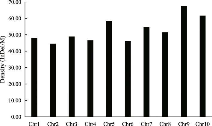 Distribution of Insert/Deletion (InDel) density in Cannabis chromosome