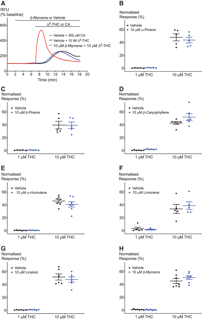 Effect of terpenoids on Δ9-THC-induced hTRPA1 activation. (A) Representative trace of effects of β-myrcene on hTRPA1 activation by 10 μM Δ9-THC. (B–H) Terpenoids do not affect the response of hTRPA1 to two submaximal Δ9-THC concentrations. Two-way ANOVA with Bonferroni's post hoc analysis, N=5–7, mean±SEM. Data presented as % of maximum CA (300 μM) response. Drugs were added for the duration of the bar.