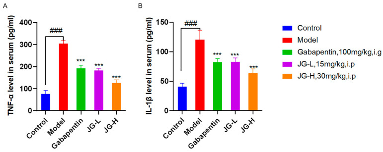JG treatment improved inflammatory cytokines in the PTX-induced neuropathic rats. Serum level of inflammatory cytokines TNF-α (A) and IL-1β (B) tested by ELISA in rats (n = 8; mean ± SD) (Control—blank control; Model—rats treated with paclitaxel 2 mg/kg daily on days 1, 3, 5, and 7 i.p. to build neuropathic model, Gabapentin-positive drug. JG—hemp extract, PTX—paclitaxel. Data were analyzed by one-way ANOVA. ### p < 0.001 vs. Control group; ***p < 0.001 vs. Model group).