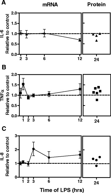 Effect of THC on pro-inflammatory cytokine stimulated by LPS. mRNA or cell supernatants (protein) from monocytes from at least 4 donors were treated with vehicle or 30 μM THC for 30 min prior to the addition of 100 ng/mL LPS for 24 h. Real-time quantitative PCR or ELISAs for (a) IL-6, b TNFα, and c IL-8 were performed and graphed relative to vehicle control at each time point (dotted line at 1). Left panels show mean and standard error of donors