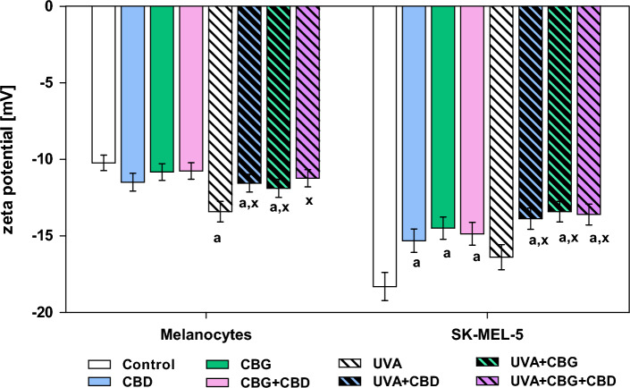 The changes in the Zeta potential of melanocytes and SK-MEL-5 cells non-irradiated and irradiated with UVA (UVA) and treated with cannabidiol (5 µM) (CBD), cannabigerol (1 µM) (CBG) or with both phytocannabinoids (CBG + CBD). Values are mean ± SD, p < 0.05; a, significantly different melanocytes/SK-MEL-5 cells; x, significantly different from UVA.