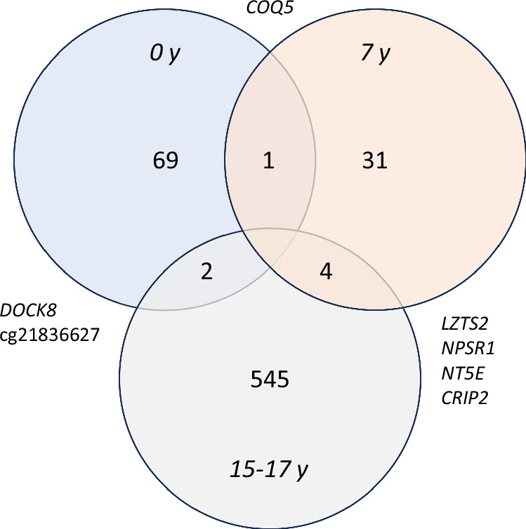 Significantly differentially methylated CpG sites in response to PCE that overlap between each ALSPAC timepoint analysed (0 y, 7 y and 15–17 y). The genes in which the CpG sites reside are listed external to the circles.