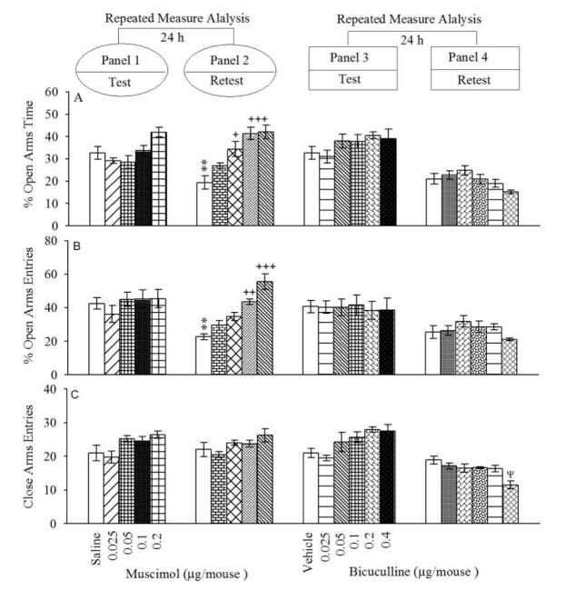 Open-arms exploratory behavior following pretest microinjections of muscimol (Panels 1 and 2) and bicuculline (Panels 3 and 4) into BLA. After 24 h, all groups were retested in the EPM un-drugged. %OAT (A); %OAE (B) and CAE (C). Values are expressed as mean±S.E.M (n=8 in each group). **P < 0.05 different from respective saline group in the panel 1. +P < 0.05, ++P < 0.01 and +++P < 0.001 different from control saline group in Panel 2. ψ < 0.05 different from the saline group in the Panel 4.