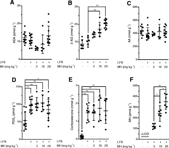 LC-MS/MS quantification of different analytes in mouse brain. (A) AEA, (B) 2-AG, (C) AA, (D) PGE2, and (E) corticosterone were quantified in the brains from mice (6 to 14 animals per group) challenged for 6 h with LPS (i.p., 2.5 mg kg−1, or saline), after 1 h of pre-treatment with MH (i.p., 3, 10, and 20 mg kg−1) or vehicle. (F) MH quantification in the brain of LPS-challenged mice. * P < 0.05, ** P < 0.01 treated vs. not-treated animals (Figure 6A-E) and * P < 0.05 MH 10 mg kg−1 vs. 20 mg kg−1 (Figure 6F).