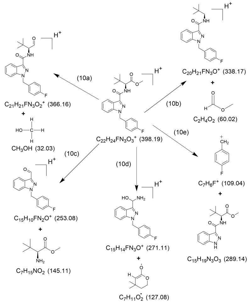 Suggested structures of the major ionic fragments and their neutral counter-fragments (10a)–(10e) observed in HCD fragmentation of [MDMB-FUBINACA + H]+. Exact masses are given in parentheses.
