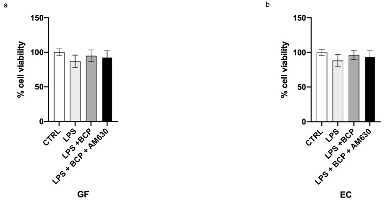 The graphs show the cytotoxicity assay at 24 h in GF cells (a) and EC cells (b). Values are expressed as the means and SD.