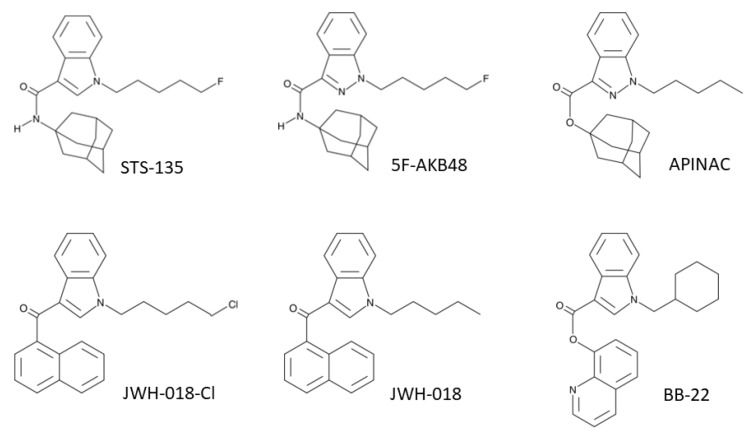 Chemical structures of STS-135, 5F-AKB-48, APINAC, JWH-018-Cl, JWH-018, and BB-22.