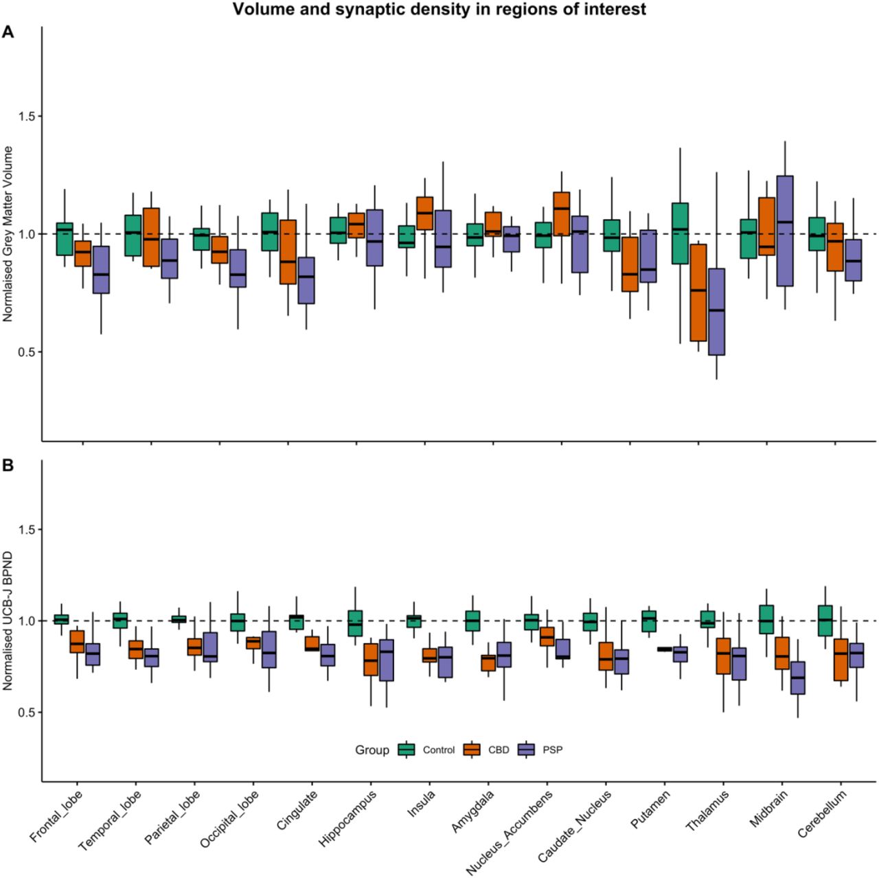 (A) Cortical and subcortical grey matter volumes, normalised against the corresponding volumes in controls, were significantly reduced in the caudate nucleus and thalamus in CBD; and in frontal, temporal, parietal and occipital lobes, as well as in the caudate nucleus, and thalamus in PSP, P<0.05.(B) Mean-centred [11C]UCB-J BPND across cortical and subcortical regions of interest normalised against the corresponding BPND values in controls, demonstrating a median reduction of 20-50%.