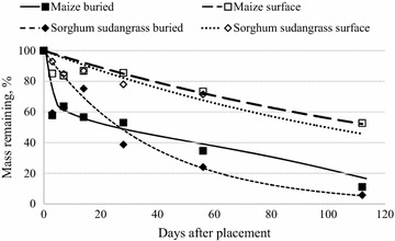 Buried and surface-placed maize and sorghum sudangrass residue mass loss (dry weight basis) over 112 days