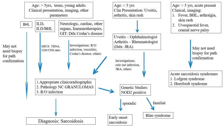 Paediatric Sarcoidosis: Diagnostic Considerations. Legends: BHL Bilateral hilar lymphadenopathy, ILD Interstitial lung disease, GIT gastrointestinal tract, EBUS-TBNA endoscopic bronchial ultrasound-transbronchial needle aspiration, NG non-necrotizing granulomas, JRA Juvenile rheumatoid arthritis, NOD2 Nucleotide binding oligomerization domain 2.