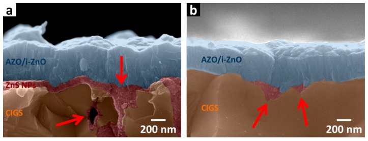 (a) Cross-sectional SEM images of CIGS solar cells with (a) thick and (b) thin layer of ZnS NPs. CIGS. ZnS NPs, and the AZO/i-ZnO window layer have been correspondingly labeled by brown, red and blue shades, while ZnS NPs coated in valley and air voids are particularly indicated by the red arrows.