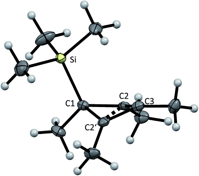 Molecular structure of the cation in [Me4C4–SiMe3][al–f–al] (1) with thermal ellipsoids set at 50% probability level. The [al–f–al]– anion was omitted for clarity. Scheme: Si (yellow), C (grey), H (white). Selected distances (pm), bond angles (deg), and torsion angles (deg): Si–C1 192.2(2), C1–C2 151.8(2), C1–C2′ 152.6(2), C2–C3 138.9(2), C2′–C3 138.5(2), C2–C2′ 179.4(2), Si–C1–C2 117.9(1), Si–C1–C2′ 113.0(1), C2–C1–C2′ 72.2(1), C2–C3–C2′ 80.6(1), and C1–C2–C3–C2′ 25.5(1).