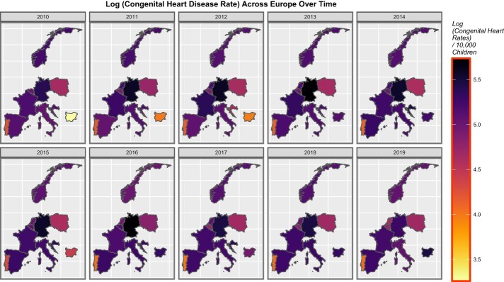 Sequential map-graphs of log (rates of CHD) across selected European countries over time, 2010–2019
