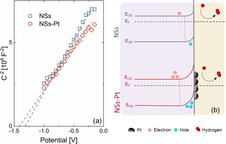 (a) NSs and NSs-Pt Mott–Schottky plots and (b) their schematic of energy levels at the surface.