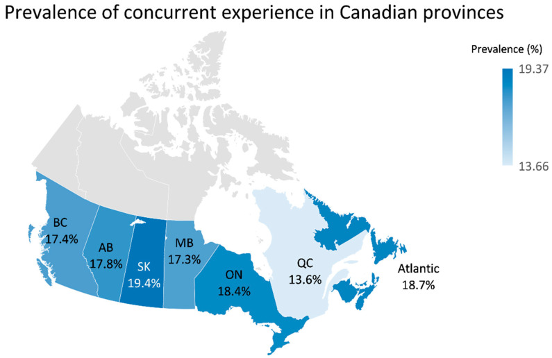 Prevalence map of ‘concurrent experience’ (anxiety and/or depression symptoms and problematic alcohol and/or cannabis use) across Canadian provinces.