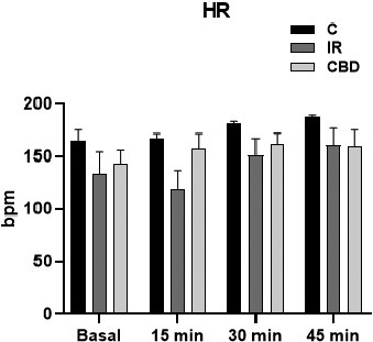 The heart rate (bpm) of the isolated hearts of untreated rats and rats treated with CBD doses of 5 mg/kg, c/24 h IP, was observed for 10 days prior to the experiment, placed in the Langendorff system. Basal responses were recorded prior to reperfusion and at 15, 30, and 45 min after reperfusion, concluding the experiment at 60 min. No significant differences in this variable were found in any temporality