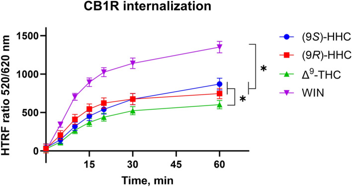 Internalization of CB1R induced by the tested cannabinoids. Internalization was elicited by the application of 10 µM of (9S)-HHC, (9R)-HHC, Δ9-THC, and WIN. HEK293 cells were transiently transfected with the plasmids coding SNAP-CB1R or mock plasmid pRK6 (1:2 DNA mass ratio). Data represent net receptor internalization by each drug treatment (i.e. receptor internalization by the indicated drug minus receptor internalization by vehicle). The data are presented as means ± SEM of three independent experiments performed in 3 technical replicates. The statistical analysis is disclosed in Supplementary Table 5. *, p < 0.05 by ANOVA.
