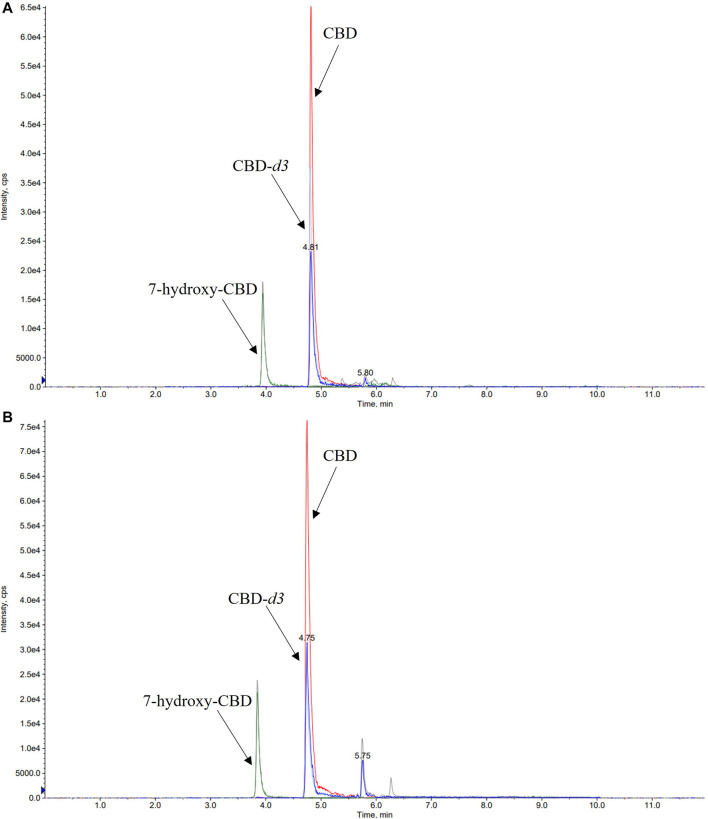 Representative chromatograms of medium QC (quality control sample spiked with CBD 350 ng/ml, 7-hydroxy-CBD 175 ng/ml and cannabidiol-d3 170 ng/ml) serum (A) and saliva (B) samples. CBD, cannabidiol.
