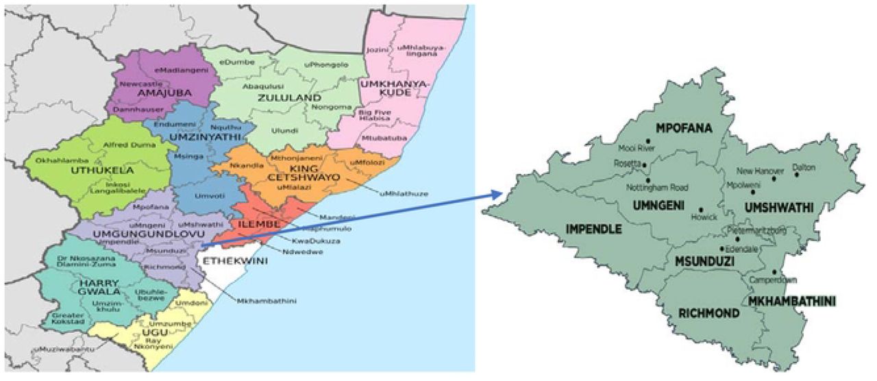 Sub-districts of uMgungundlovu District Municipality within Kwa-Zulu Natal Province Source: File:Map of KwaZulu-Natal with municipalities named and districts shaded (2016). https://en.wikipedia.org