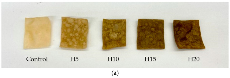 (a) Photograph of potato chips with different levels of hempseeds cake. (b) Photograph of hempseeds cake flour used. Control = potato chips made by wheat flour and potato starch only; H5 = 5% hempseed cake replacement; H10 = 10% hempseed cake replacement; H15 = 15% hempseed cake replacement; and H20 = 20% hempseed cake flour replacement.
