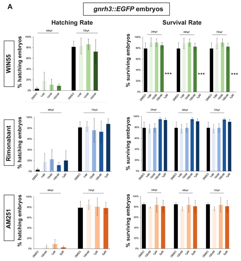 Survival and hatching rates in zebrafish embryos treated with CB1R ligands. (A) Hatching rate (panels on the left) and survival rate (panels on the right) of gnrh3::EGFP zebrafish embryos following treatments with WIN55, Rimonabant or AM251, at the indicated doses, examined at the indicated embryonic age. Results are expressed as % over the total number of embryos examined. (B) Same as in (A), but using agrp1::mCherry embryos. *** = p < 0.001.