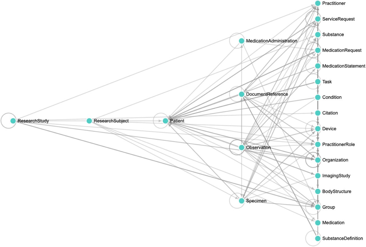 Schema structure implemented in the FHIR Aggregator framework.This diagram reflects the actual FHIR resource relationships used across the integrated dataset. Key entities such as Patient, Specimen, Observation, and DocumentReference are connected through schema-defined references, illustrating the graph-oriented structure of FHIR and its alignment with study-level organization.