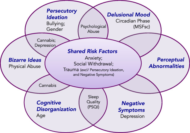 Six psychotic experience dimensions with predictive overlapping and distinct risk factors.