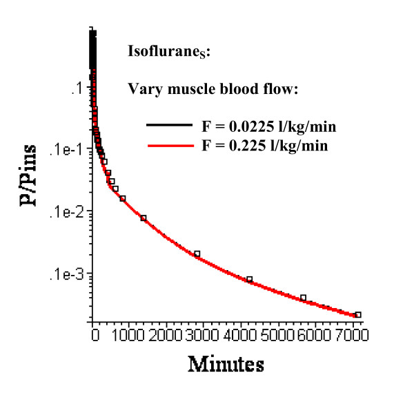 Semi log plots of the IsofluraneS long time washout data (squares) versus the PBPK model with three equal volume adipose compartments (N = 3) with optimal adipose perfusion rates and muscle perfusion rates in period 3 (430 minutes to 6 days) of 0.0225 l/kg/min (black line, the "Standard" resting human value) or 0.225 l/kg/min (red line). The difference in the model results for the 10 fold change in muscle blood flow is so small that the two curves are superimposed.