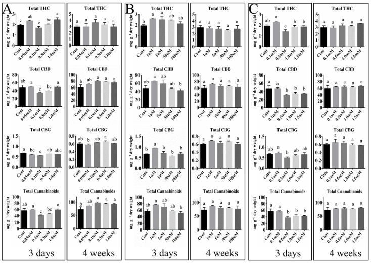 Contents of major cannabinoids in hemp inflorescences at 3 days and 4 weeks after hormone treatments. (A) GABA treatment; (B) ABA treatment; (C) SA treatment. THC, tetrahydrocannabinol; CBD, cannabidiol; CBG, cannabigerol. Mean values with the same letter are not significantly different at the 5% probability level (Duncan’s multiple range test, n = 3). See Table S1 for details.