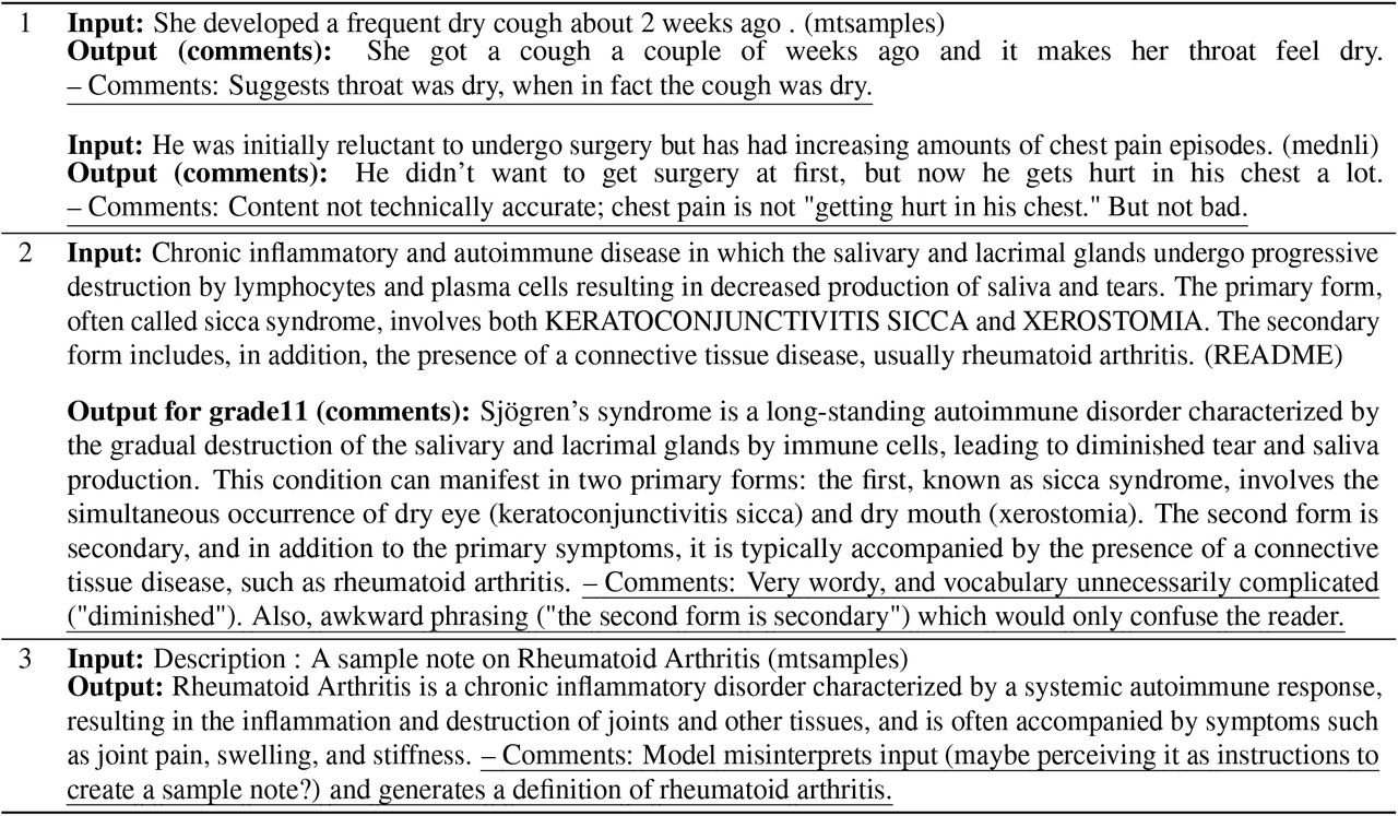Error Analysis of our system for hallucinations, excessive length control, and occasional instruction misinterpretation.