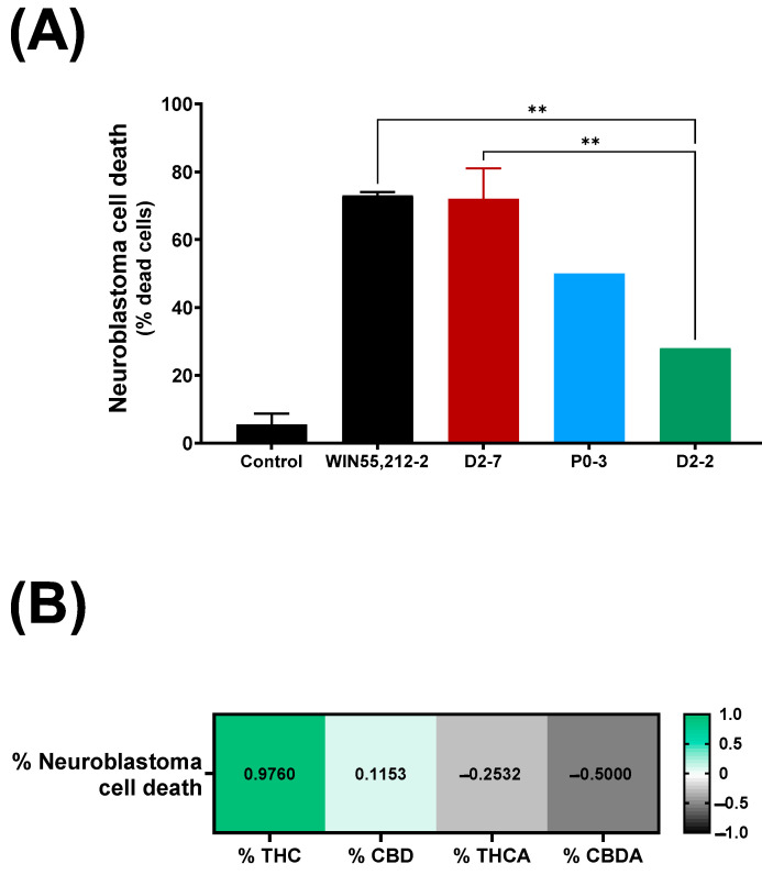 (A) Neuroblastoma cell death upon exposure to different Cannabis plant extracts (final concentration of each plant extract was 3.5 μg/mL), in control situation and exposed to WIN55,212-2 synthetic cannabinoid (3.5 μg/mL). Each condition was analyzed per duplicate. A one-way ANOVA with Tukey’s post-hoc was performed, with α set as 0.05, two-tailed. p-value < 0.01 (**). (B) Pearson correlation between neuroblastoma cell death expressed as percentage, and quantity of tetrahydrocannabinol, cannabidiol, tetrahydrocannabinol A (THCA), and cannabidiol A (CBDA), expressed as percentage.