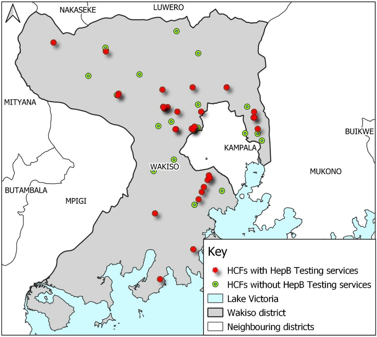 A map of Wakiso district showing the distribution of healthcare facilities that offer hepatitis B testing services