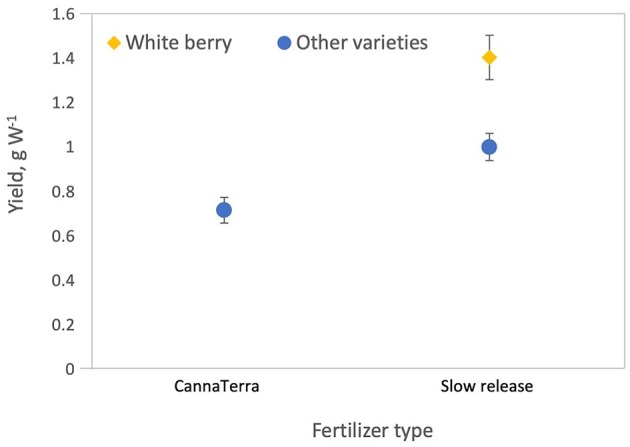 Slow release fertilizer produced higher yields per W compared to the CannaTerra fertilizer regime. When slow release fertilizer was applied, White Berry produced higher yields per W compared to other varieties.