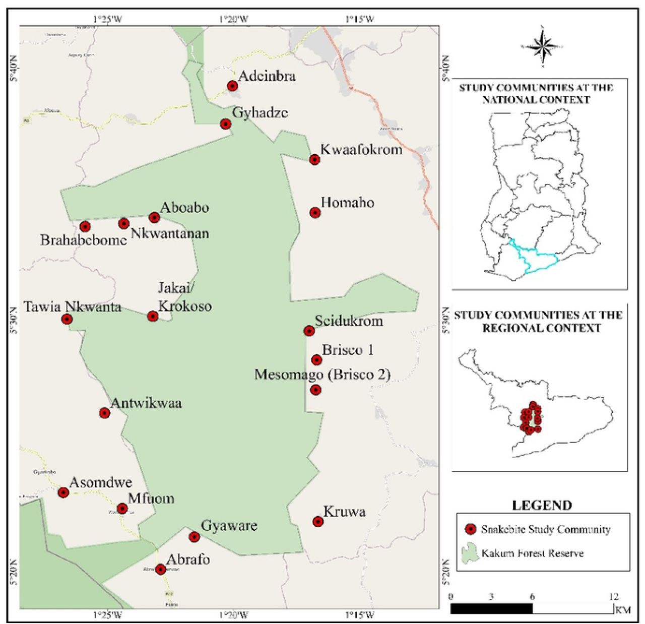 Geo-cardinal points and selected communities in the Kakum Conservation Area (KCA)
